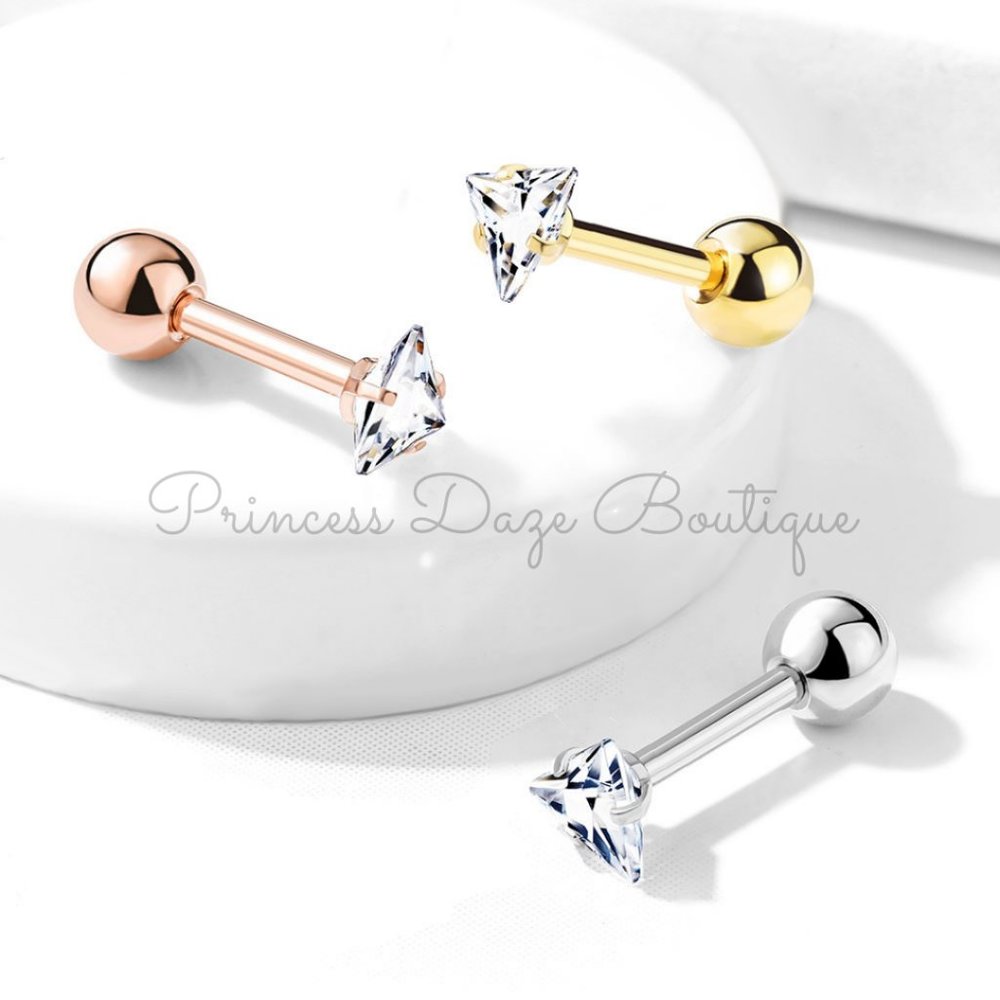 Prong Set Triangle CZ Cartilage / Tragus Barbell Stud Earrings